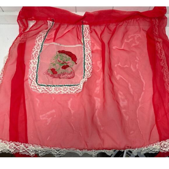 Apron Vintage Half/Waist, Tie-Back Red Sheer w/ Lace Detail and Embroidered Cat - Picture 1 of 1